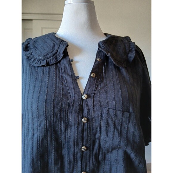 Pilcro | Anthropologie Black 1X Textured Button Front Blouse Ruffle Collar Boho - Picture 6 of 14
